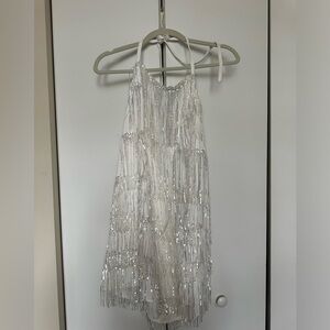 White, fringe, sequin mini dress